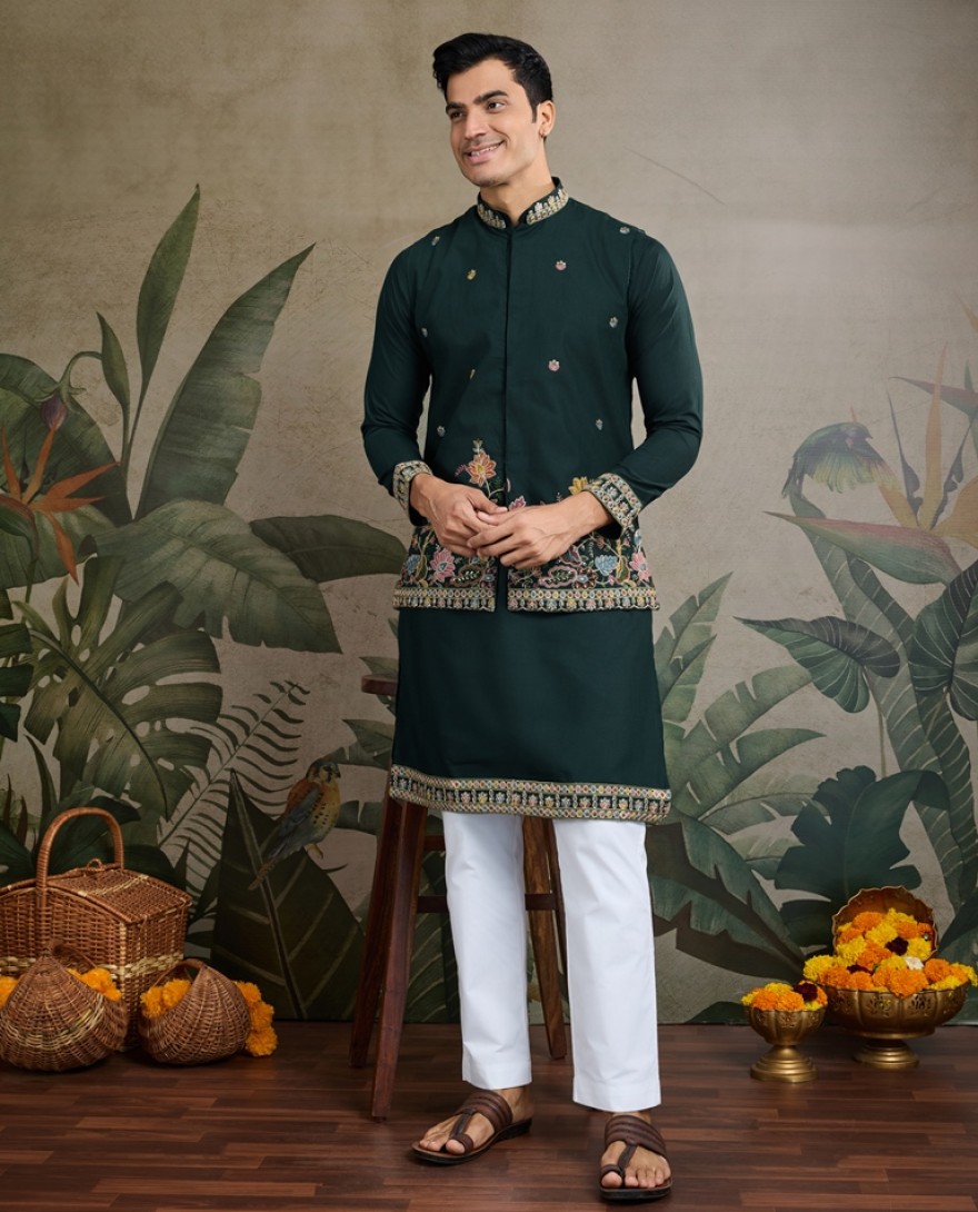 61235-green - Stylish Green Men's Kurta Koti Set – Trendy & Elegant